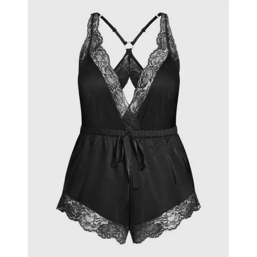 *New Fox Royal Slinky Romper Black Women Size XXS (12) Sexy Lace Strap Sleepwear